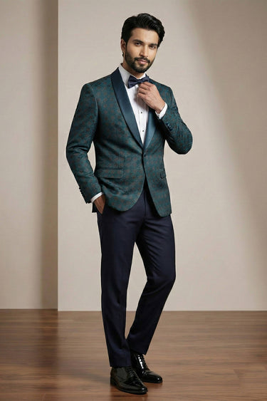Cyan Party Wear Jacquard Fabric Readymade Designer Blazer For Men