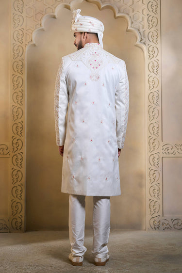 White Heavy Embroidered Silk Fabric Readymade Groom Sherwani For Men