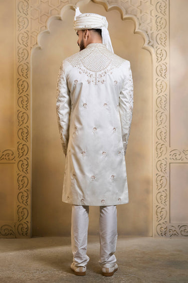Embroidered Silk Off White Color Groom Sherwani For Men