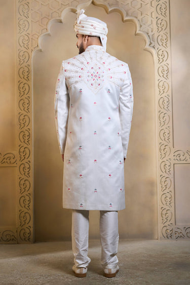 White Color Heavy Embroidered Silk Men Readymade Groom Sherwani