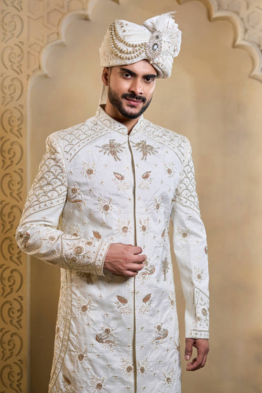 White Color Silk Fabric Heavy Embroidered Groom Sherwani For Men