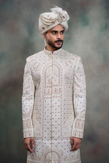 Silk Off White Embroidered Men Readymade Groom Sherwani