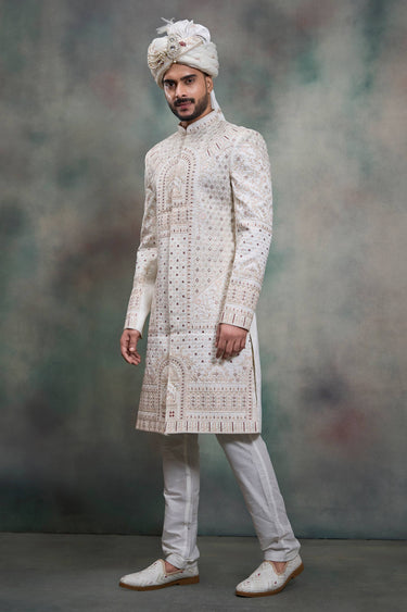 Silk Off White Embroidered Men Readymade Groom Sherwani