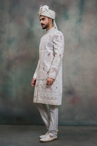 White Color Silk Fabric Men Readymade Groom Sherwani
