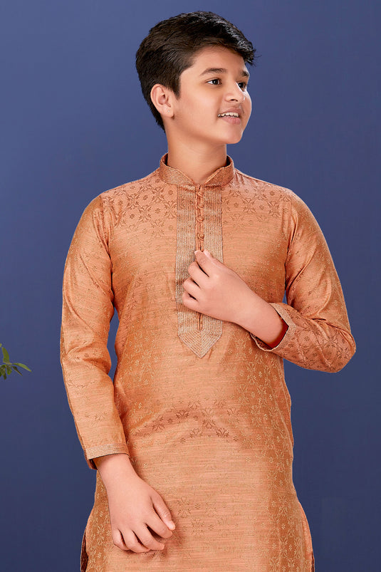 Peach Color Jacquard Silk Fabric Traditional Wear Boys Fancy Readymade Kurta Pyjama