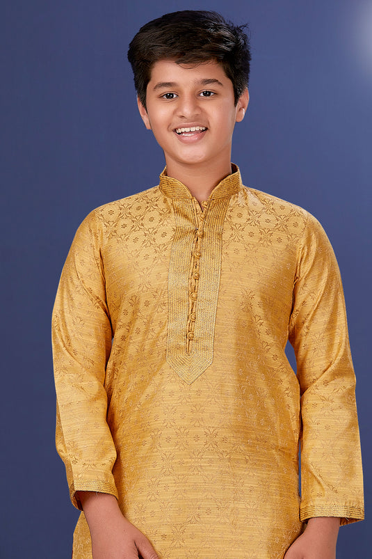 Traditional Wear Jacquard Silk Fabric Fancy Readymade Kurta Pyjama For Boys In Golden Color