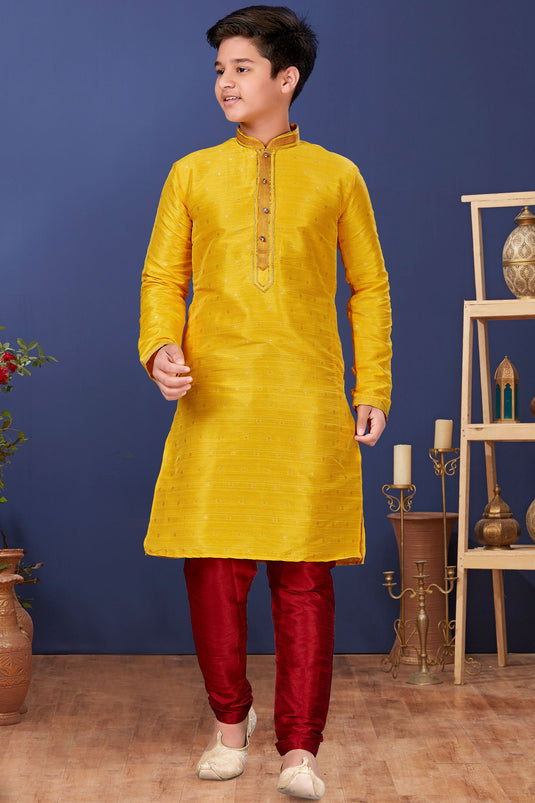 Occasion Wear Yellow Color Art Silk Boys Trendy Readymade Kurta Pyjama