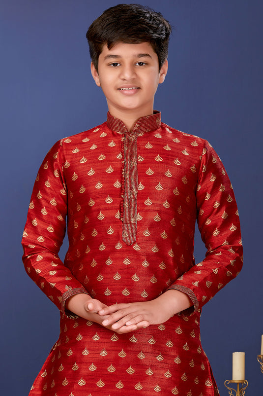 Maroon Occasion Wear Jacquard Silk Fabric Designer Readymade Kurta Pyjama For Boys