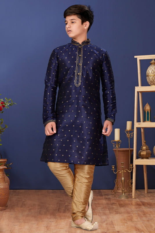 Navy Blue Art Silk Fabric Sangeet Function Wear Boys Designer Readymade Kurta Pyjama