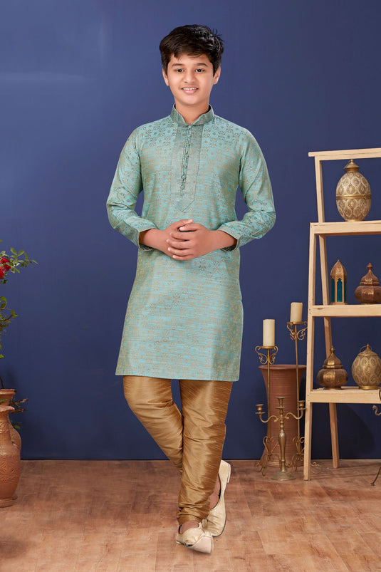 Function Wear Jacquard Silk Stylish Readymade Kurta Pyjama For Boys In Cyan