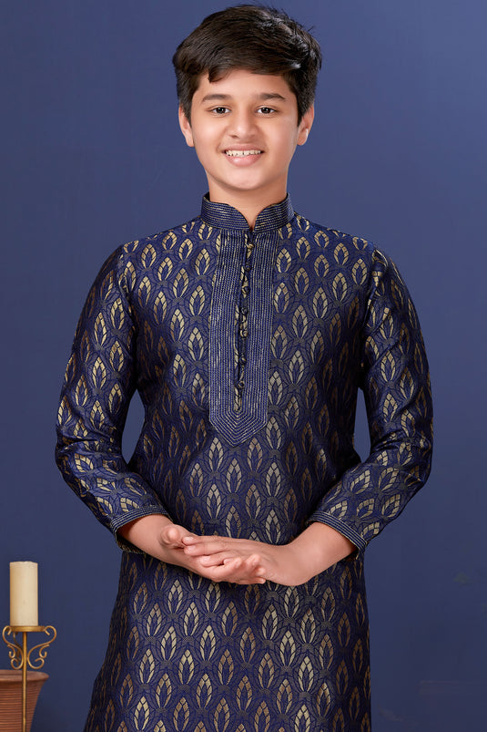 Function Wear Jacquard Silk Fabric Readymade Kurta Pyjama For Boys In Navy Blue Color