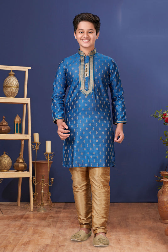 Sangeet Function Wear Jacquard Silk Fabric Sky Blue Color Readymade Kurta Pyjama For Boys