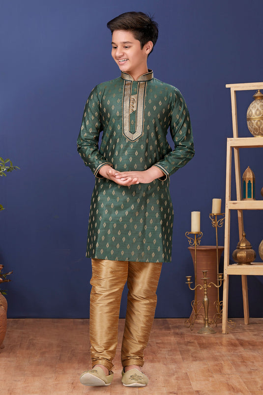 Jacquard Silk Fabric Green Color Traditional Wear Boys Fancy Readymade Kurta Pyjama