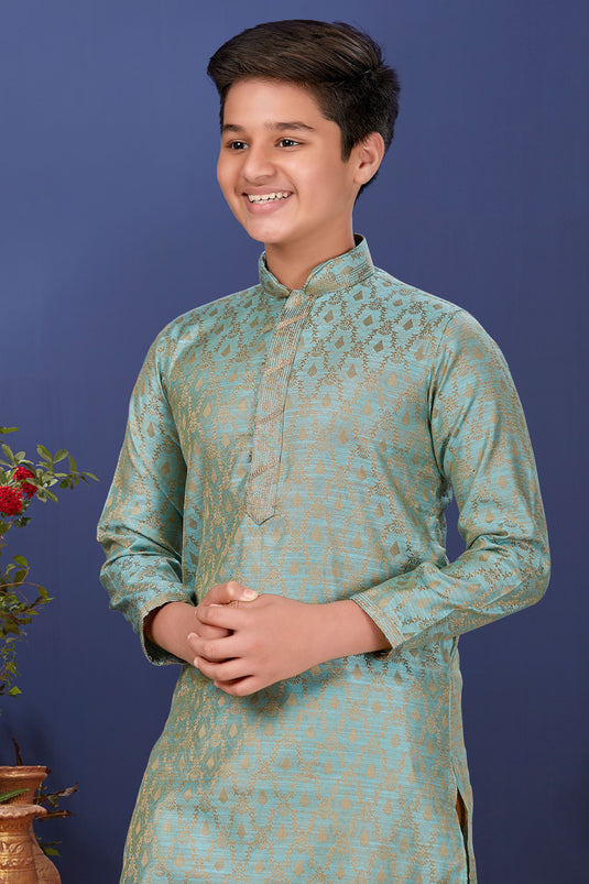 Traditional Wear Jacquard Silk Fabric Fancy Readymade Kurta Pyjama For Boys In Sea Green Color