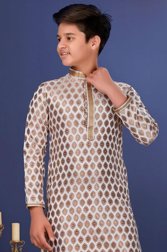 Jacquard Silk Fabric Off White Color Occasion Wear Readymade Boys Kurta Pyjama