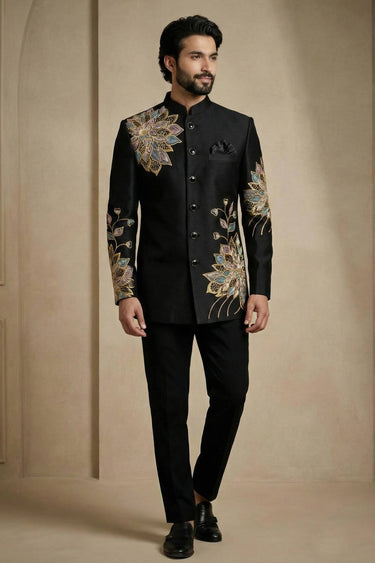 Satin Silk Embroidered Black Readymade Jodhpuri Suit For Men