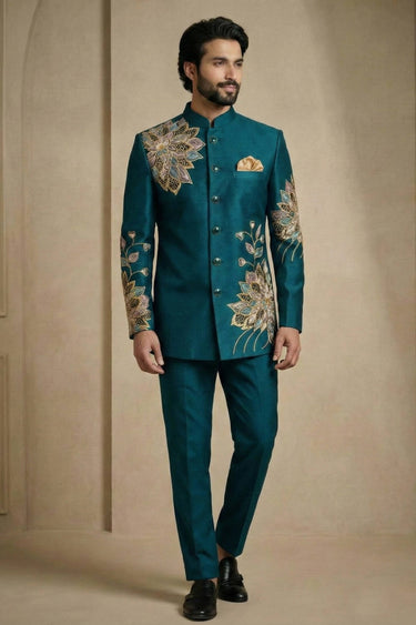 Embroidered Satin Silk Teal Sangeet Wear Readymade Jodhpuri Suit For Men