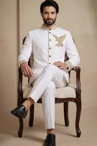 Elegant White Readymade Indo Western Jopdupuri Suit For Men