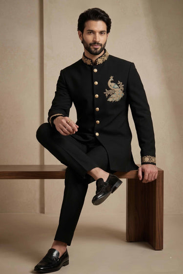 Luxury Black Wedding Function Groom Style Readymade Indo Western Jopdupuri Suit