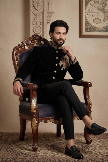 Royal Black Readymade Indo Western Jopdupuri Suit For Men