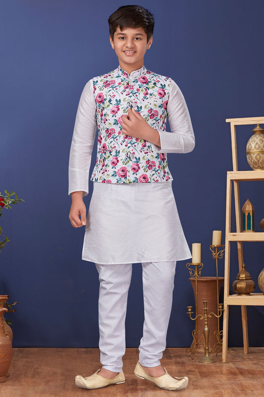 White Color Dhupion Silk Fabric Traditional Wear Fancy Readymade Boys Kurta Pyjama With Jacket