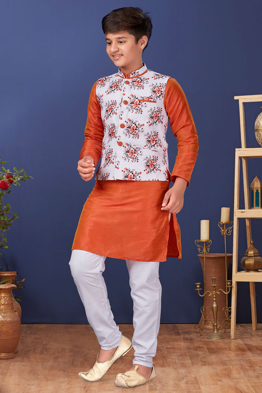 Sangeet Wear Orange Color Dhupion Silk Fabric Fancy Readymade Boys Kurta Pyjama With Jacket