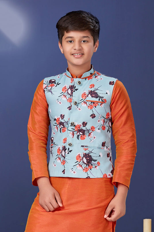 Occasion Wear Trendy Readymade Jacket For Boys In Light Cyan Color Cotton Fabric