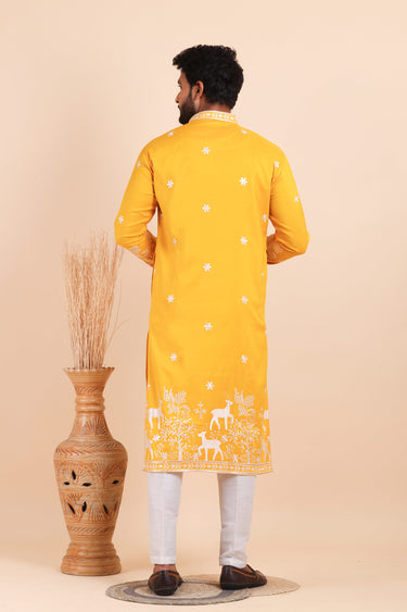 Yellow Viscose Silk Designer Embroidered Kurta Pajama