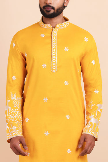 Yellow Viscose Silk Designer Embroidered Kurta Pajama