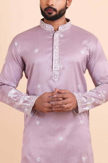 Men Viscose Silk Lavender Embroidered Kurta Pyjama