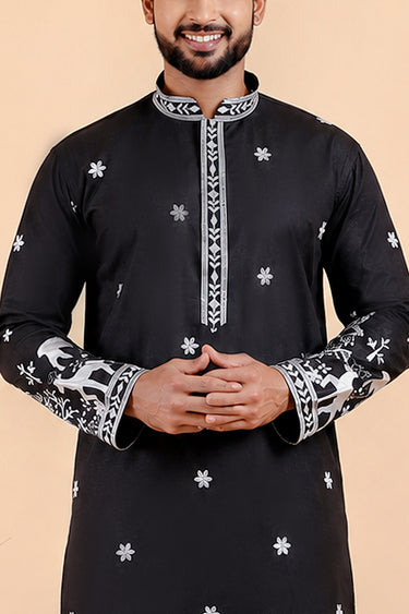 Men Viscose Silk Black Designer Kurta Pajama Set