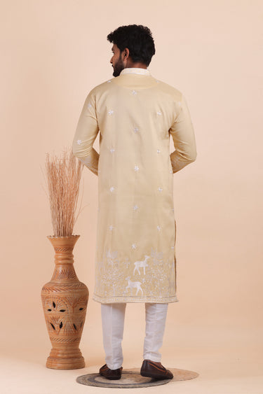 Beige Viscose Silk Wedding Function Embroidered Kurta Set
