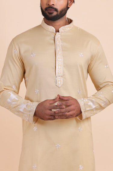 Beige Viscose Silk Wedding Function Embroidered Kurta Set