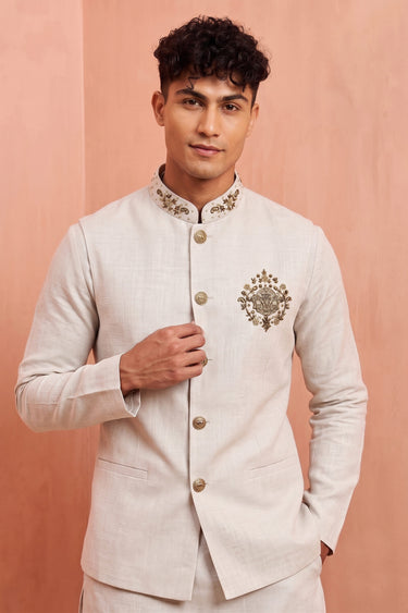 Premium Linen Off White Zardosi Work Men Kurta Pyjama With Fancy Jacket