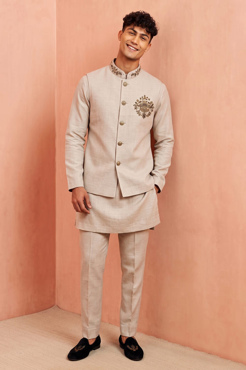 Beige Linen Zardosi Work Men Kurta Pyjama With Trendy Jacket