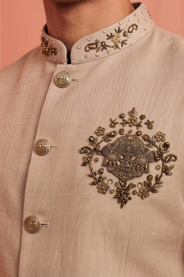 Designer Linen Cream Zardosi Work Men Kurta Pyjama With Fancy Jacket