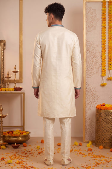 Mens Designer Beige Kurta With Multicolor Embroidered Border
