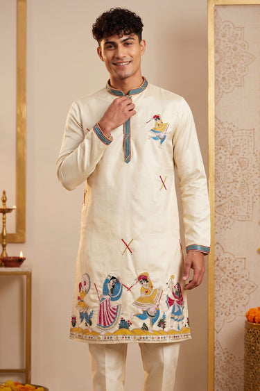 Mens Designer Beige Kurta With Multicolor Embroidered Border