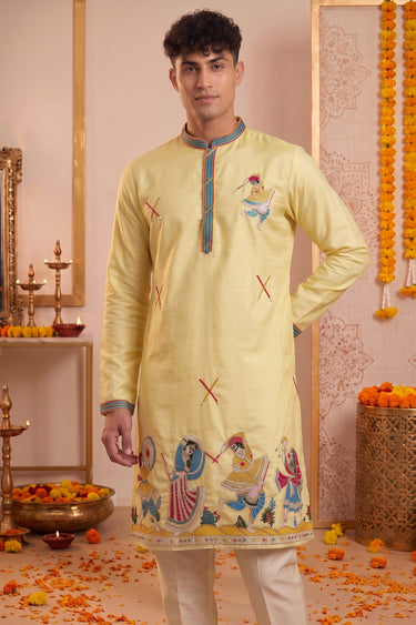 Mens Yellow Embroidered Art Silk Kurta Pajama