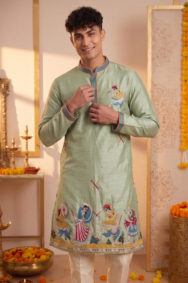 Mens Premium Sea Green Festive Wear Embroidered Kurta Pajama