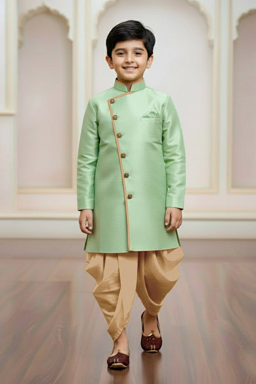 Sea Green Art Silk Wedding Wear Indo Western For Boys