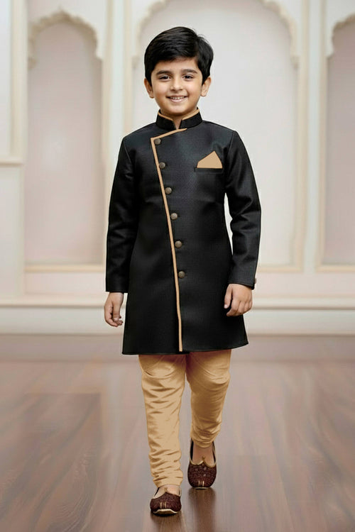 Black Color Wedding Wear Art Silk Fabric Indo Western For Boys