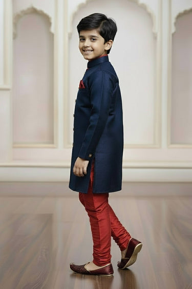 Art Silk Fabric Navy Blue Readymade Indo Western For Boys