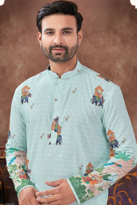 Light Cyan Rich Slate Veil Kurta Pyjama