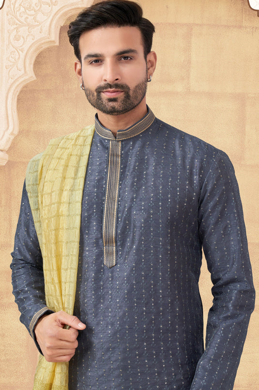 Embellished Grey Silk Readymade Kurta Pyjama Set For Men