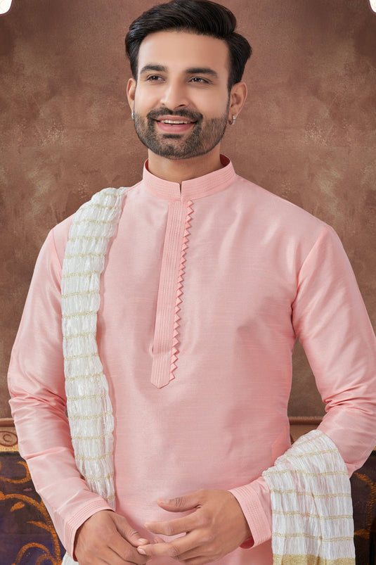 Peach Art Silk Men Kurta Pyjama Set