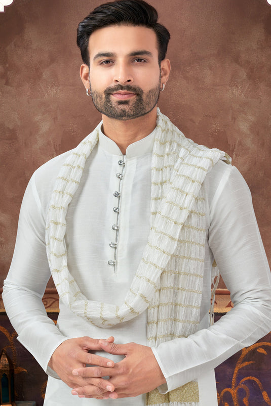 Regal Off White Art Silk Kurta Pyjama Set