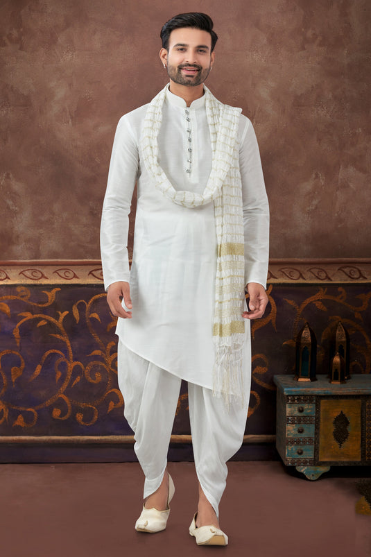 Regal Off White Art Silk Kurta Pyjama Set