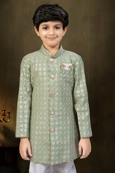 Art Silk Sea Green Readymade Indo Western For Boys