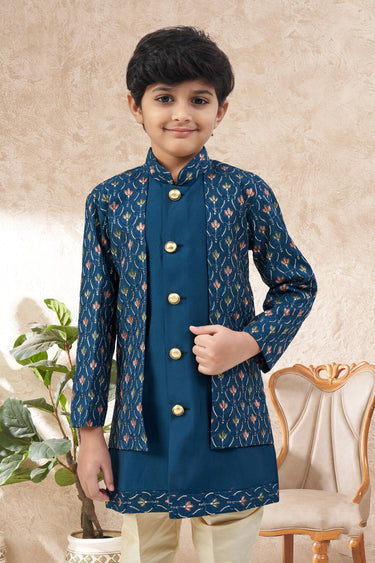 Teal Festive Wear Art Silk Readymade Indo Western For Boys